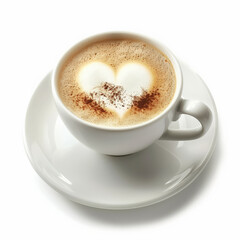 A cappuccino with a perfect foam art heart on top, isolated on white background