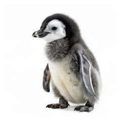 A baby penguin with fluffy down feathers, standing on its feet, isolated on white background