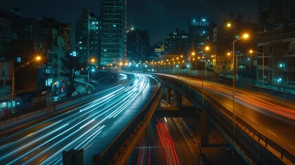 Fototapeta premium High-quality long exposure photo capturing night traffic on a highway, depicting light trails and showcasing aspects of travel and transportation