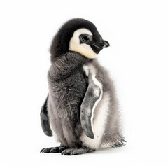 A baby penguin with fluffy down feathers, standing on its feet, isolated on white background