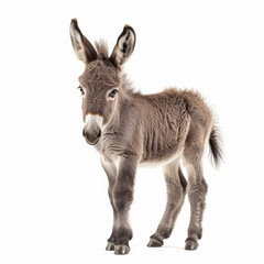 Obraz premium An adorable baby donkey with long ears and a soft coat, standing and looking around, isolated on white background