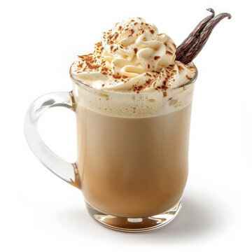 A mug of hot vanilla chai latte with whipped cream and a vanilla bean, isolated on white background