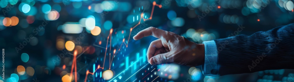 Poster businessman interacting with digital screen displaying growth data in futuristic setting
