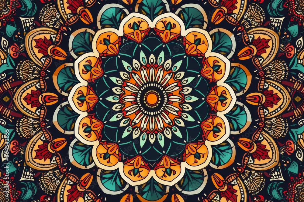 Poster a colorful tapestry with a circular design, intricate mandala pattern with bohemian flair