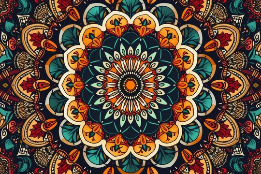 a colorful tapestry with a circular design, Intricate mandala pattern with bohemian flair