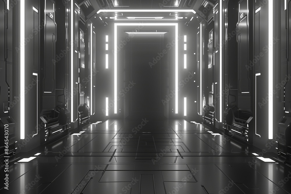 Poster empty light technology in a tunnel room. perspective black background in futuristic floor. white hal