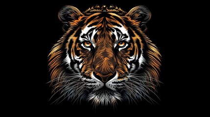 Fototapeta premium The Vector logo tiger is suitable for tattoo, T-shirt design, or outwear. The hunting-style big cat print is drawn on a black background for use on black fabric or canvas.