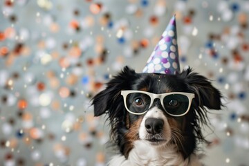 Adorable dog wearing a party hat and glasses, surrounded by festive confetti backdrop, ready to celebrate and have fun.