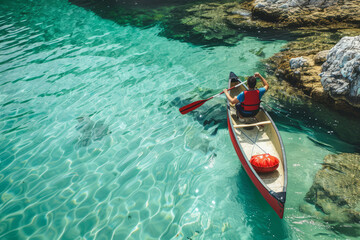 Fototapeta premium Person kayaking over turquoise waters with visible underwater rocks