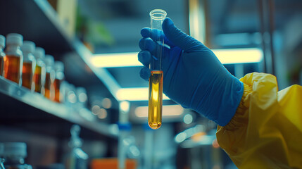 scientist in protective gloves hold test tube in hands produces chemistry at laboratory