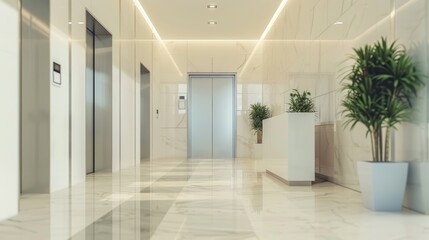 Modern lobby interior with elevators, sleek design. Light and spacious feel