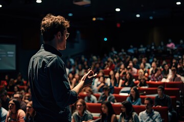 a man in a suit is giving a presentation, Aerial perspective showcasing landscapes from above