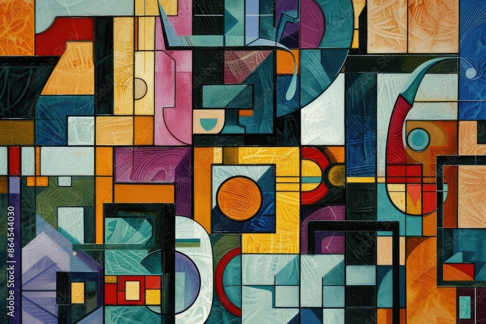 Poster a painting of a colorful abstract design, y2k digital technology symbols presented in a cubist style