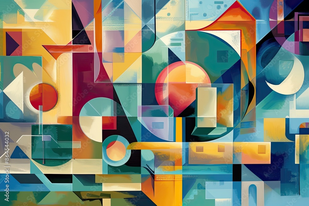 Poster a painting of a colorful abstract design, y2k digital technology symbols presented in a cubist style