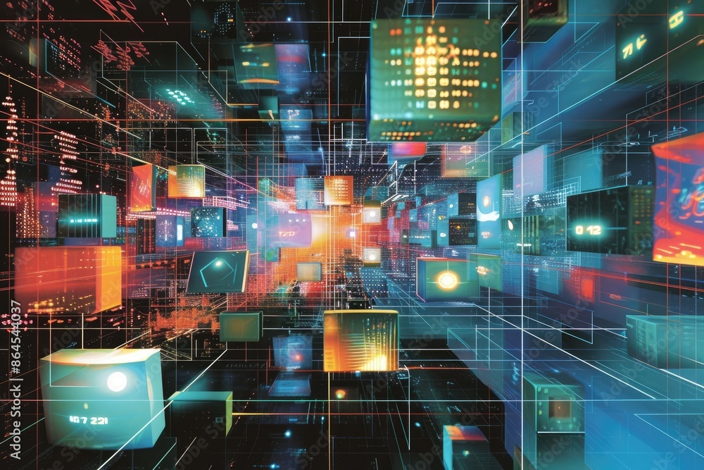 Poster a painting of a colorful abstract design, y2k digital technology symbols presented in a cubist style