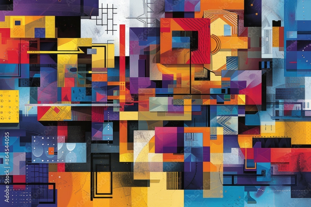 Poster a painting of a colorful abstract design, Y2K digital technology symbols presented in a cubist style