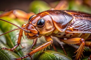 Fototapeta premium Macro shot of a common household pest, a brown American cockroach, with intricate details of its shiny exoskeleton, antennae, and beady compound eyes.