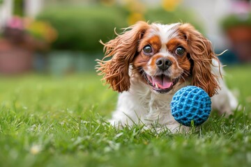 A brown and white puppy is playfully resting on the grass with a blue toy in front of it, capturing a moment of pure joy and energetic innocence in the vibrant outdoors.