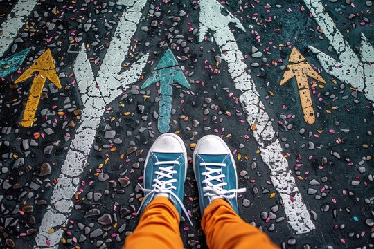 A person creates a colorful scene by standing on an asphalt surface with various colored arrows pointing in different directions, indicating multiple life choices and pathways.