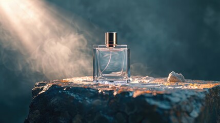 luxury glass or crystal perfume bottle on stone platform display background in dramatic studio lighting theme as wide banner with copy space area