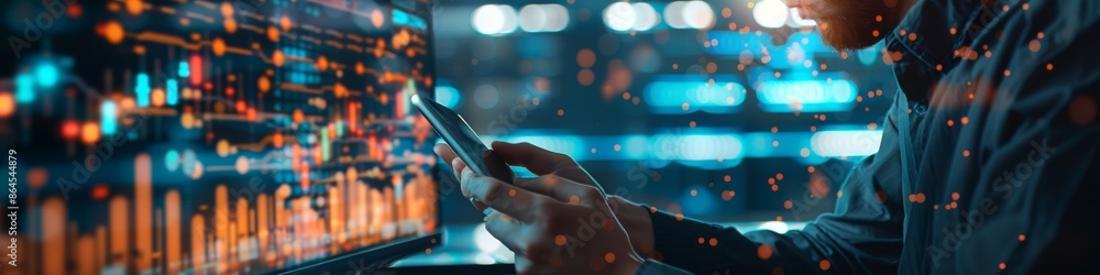 Poster businessman using smartphone and computer with data visualization in background