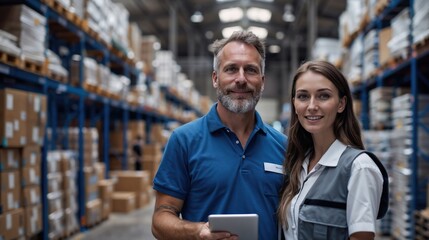 Warehouse workers smiling at camera holding digital tablet with inventory management software
