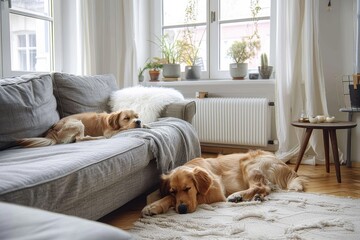 Fototapeta na wymiar Two golden retrievers rest in a cozy living room, one on a gray couch and the other on a beige rug, with natural sunlight pouring through the windows and plants on the sill.
