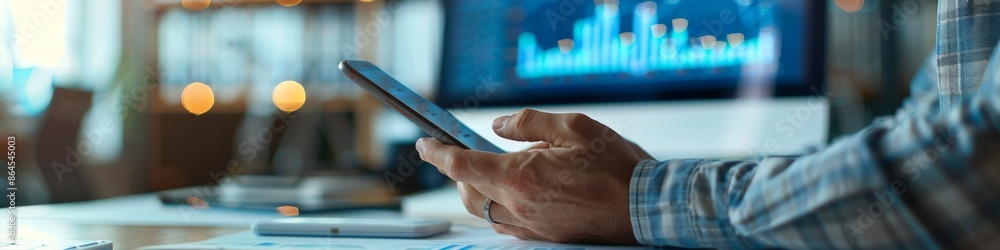 Poster businessman using smartphone and computer with charts in modern office