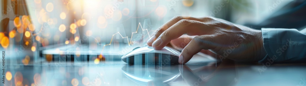Poster businessman's hand using computer mouse with abstract digital interface elements