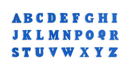 wooden letters of the English alphabet in blue color on a isolated background close-up