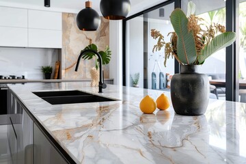 A luxurious kitchen featuring a marble island, modern black pendant lights, and green plants providing a fresh atmosphere, is an embodiment of sophistication and luxury.