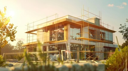 Obraz premium Modern house under construction with scaffolding on summer background