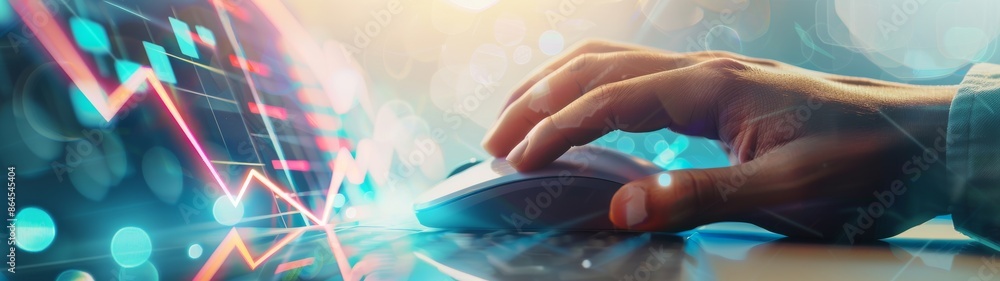 Poster businessman's hand using a computer mouse with a digital graph overlay