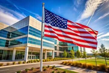 American flag proudly waving in front of a modern medical facility, symbolizing dedicated healthcare services for brave men and women who served the country.