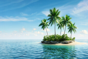 Obraz premium Tiny tropical island with lush palm trees and clear blue waters under bright, sunny sky.