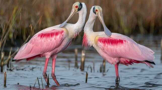 Stunning roseate spoonbills showcasing delicate pastel pink feathers and spoon-shaped beaks standing in shallow water of wetland with tall grasses in background.