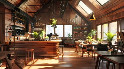 Fototapeta premium Wooden cafe interior with bar island and dining area, panoramic attic window