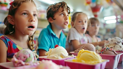 Fototapeta premium In a vibrant ice cream parlor, excited children eagerly choose favorite flavors and create personalized treats.