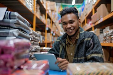 A warehouse worker dressed in casual attire uses a tablet to organize products on shelves, demonstrating modern technology's role in efficient inventory management.