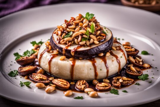 Kashk-e Bademjan: Warm eggplant appetizer with a fermented whey sauce, garnished with fried onions and nuts. Iranian cuisine. generative AI