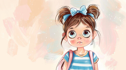 Fototapeta premium Adorable Cartoon Girl with Blue Bow and Pink Backpack