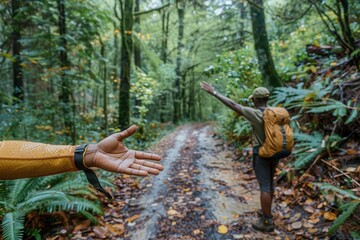 Two hikers in outdoor gear, one pointing the way, stand on a leaf-strewn path, surrounded by dense, vibrant green foliage in a serene forest setting.