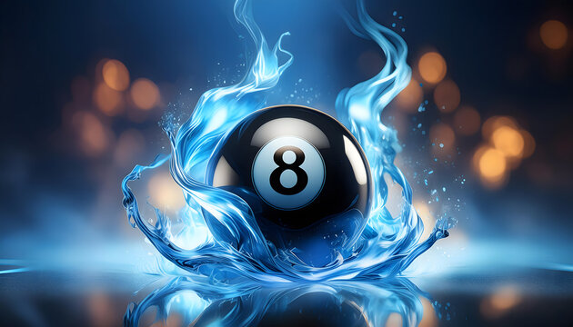 leuchtende, billard, Kugel, mit, der, Nummer, 8, in, flammen, blau, blaue, 3d, glow, leuchtend, feuer, sieg, gewinnen, wirbel, platsch, dampf, neu, schwarz, bokeh, modern, design, center, poster, pool