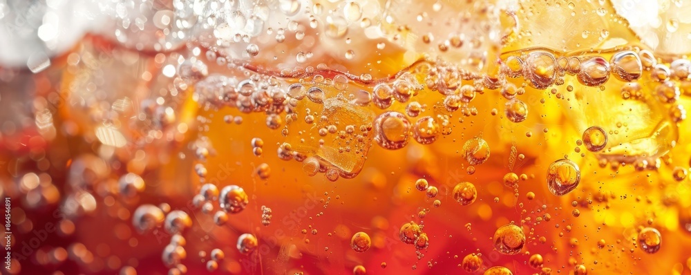 Poster close-up of refreshing orange and red soda with ice cubes and bubbles