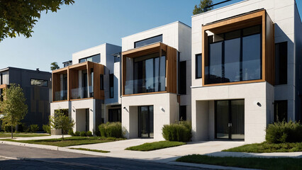 Fototapeta premium Street with modern modular private townhouses. Appearance of residential architecture