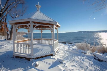 A serene winter scene featuring a snow-covered gazebo by a frozen lake, capturing the calm and tranquility of the snowy landscape under a bright blue sky.