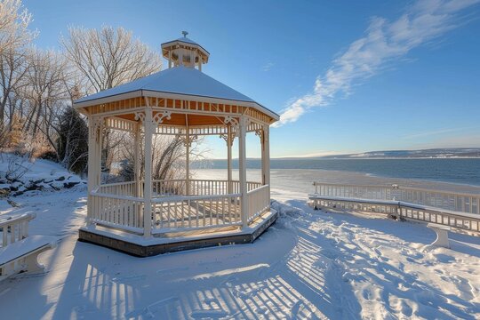 A tranquil winter photo of a white gazebo facing calm frozen lake waters, surrounded by trees and snow, showcasing the serene beauty of a crisp winter day. - Powered by Adobe