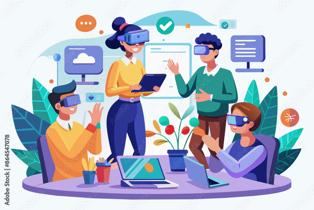Aufkleber people are using vr glasses to look at a laptop, screen mockup for a virtual reality team building e