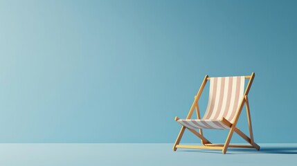 Minimalist photo of a deckchair with striped fabric against a blue background. Perfect for summer, vacation, and relaxation themes.