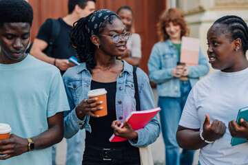 Diverse students standing in crowd near university and chatting.